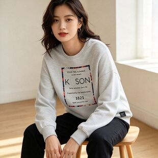 贝哆哈女士春秋卫衣长袖圆领休闲宽松印花T恤上衣 微瑕疵 2件装