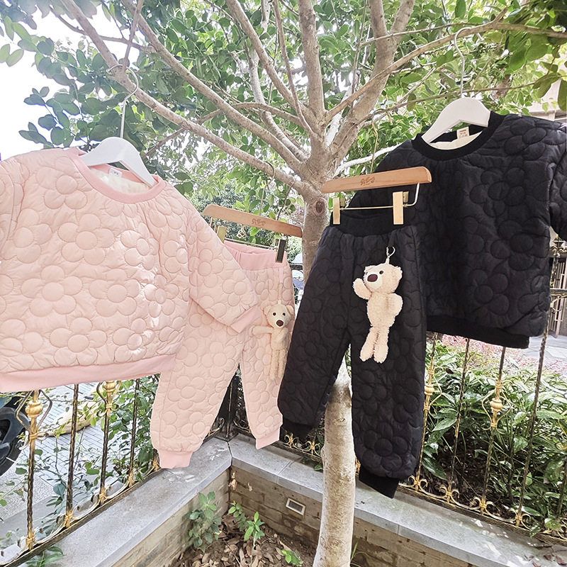 贝哆哈冬季加绒套装保暖加厚女童男童家居服套装棉袄棉裤两件套