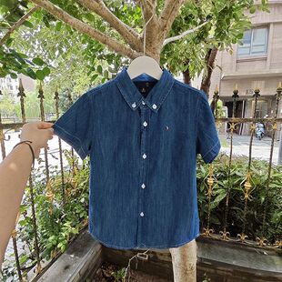 贝哆哈儿童短袖衬衫夏季男童女童牛仔衬衫中大童衬衣刺绣翻领上衣