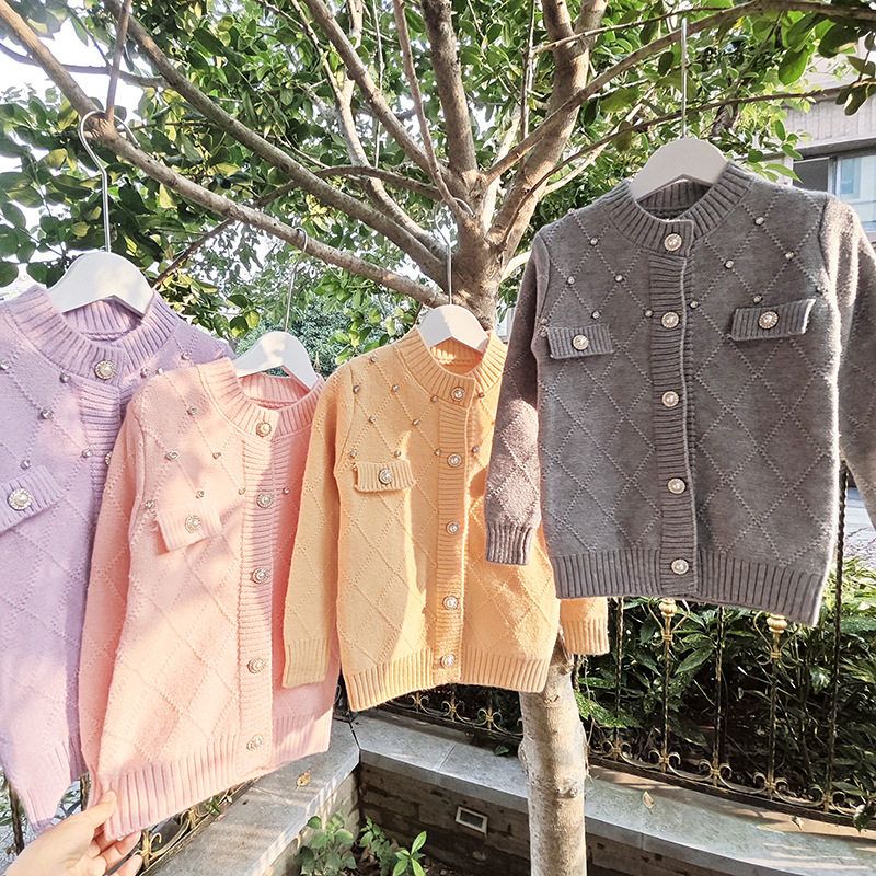 贝哆哈女童针织开衫秋冬款毛衣女宝甜美亮钻小香风针织衫上衣外套