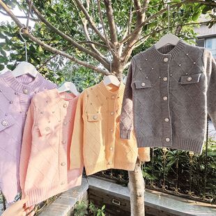 贝哆哈女童针织开衫秋冬款毛衣女宝甜美亮钻小香风针织衫上衣外套