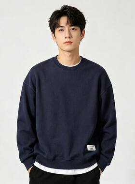 贝哆哈假两件加绒卫衣男士华夫格一体绒宽松圆领休闲男装长袖T恤