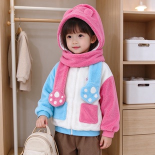 贝哆哈冬季棉袄男童女童保暖羊羔毛棉衣中小童棉服拉链衫帽子围巾