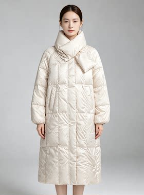 贝哆哈女士羽绒服中长款冬季纯色保暖连围脖款女式休闲羽绒外套