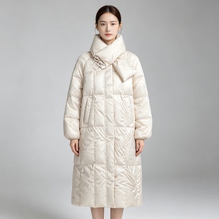 贝哆哈女士羽绒服中长款冬季纯色保暖连围脖款女式休闲羽绒外套
