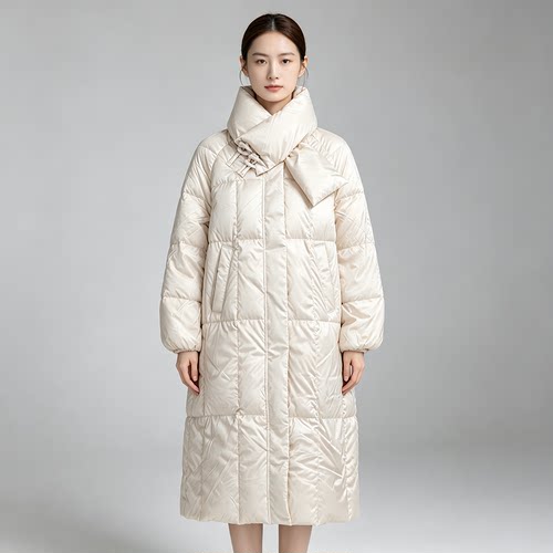 贝哆哈女士羽绒服中长款冬季纯色保暖连围脖款女式休闲羽绒外套