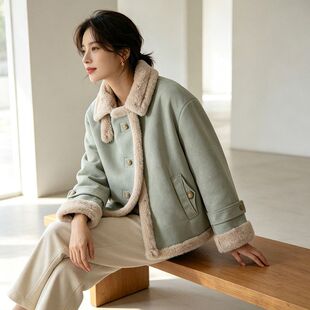 贝哆哈冬季皮毛一体毛毛保暖双口袋宽松棉袄大衣防寒女士短款外套