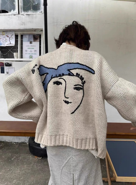 高货  手工绣油画和平鸽开衫毛衣男秋冬加厚短宽boxy长袖针织上衣