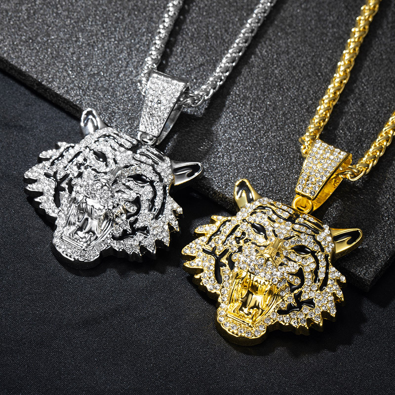 欧美吊坠老虎头项链个性霸气街头时尚毛衣链嘻哈男女18k镶钻配饰