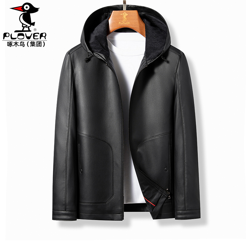 海宁真皮黑色休闲皮衣男夹克连帽