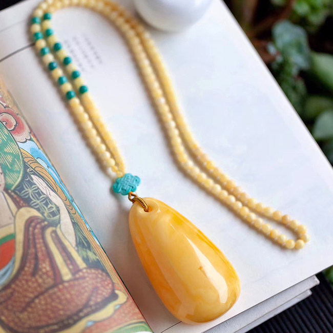 碧雅 俄料天然满蜜蜜蜡项链水滴形坠女款高端附证书53.8g一物一图