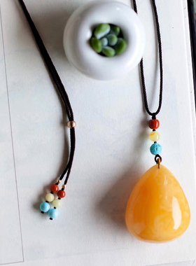 碧雅 天然满蜜鸡油黄蜜蜡水滴形吊坠妖花高端女款毛衣送链21.89g