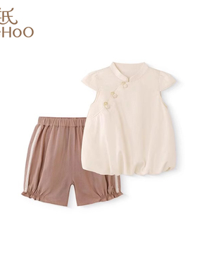 英氏25夏款童装女宝宝童新中式小飞袖甜美可爱套装YRABJ2R014A