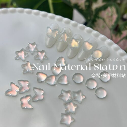 奈希新品美甲饰品平底蝴蝶五角星极光透明海星透明玉面玻璃指甲钻