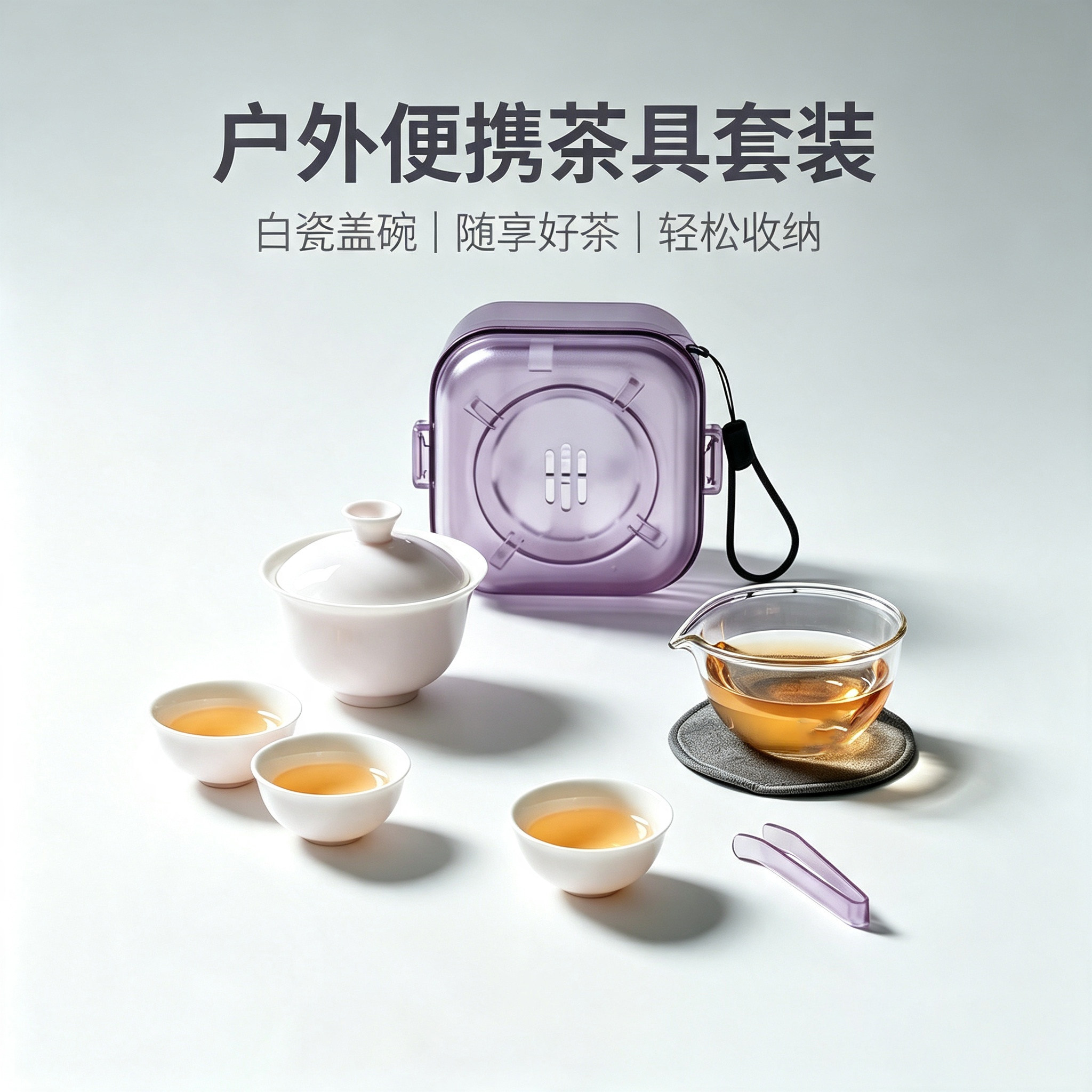 白瓷多彩小品便携旅行茶具套装盖碗三杯玻璃公道杯外出携带快客杯