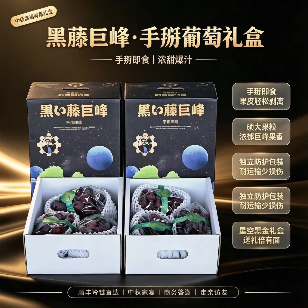 手掰辽峰黑藤辽峰葡萄巨峰非提子味甜大颗粒纯甜3串5.5斤礼盒顺丰