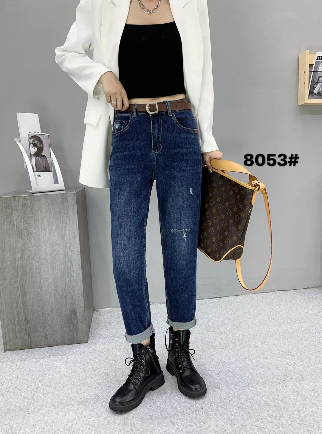 王豪新款复古老爹牛仔裤女秋2023秋网红高腰哈伦小脚裤BF九分裤垮
