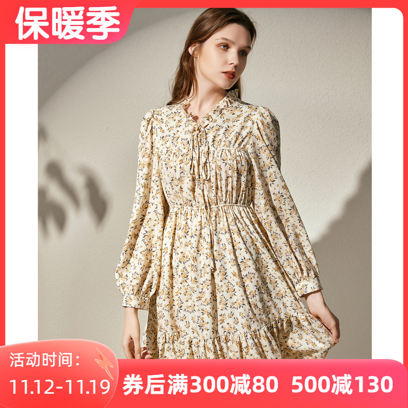 LESIES蓝色倾情春秋季女装新款灯笼袖雪纺碎花连衣裙收腰显瘦