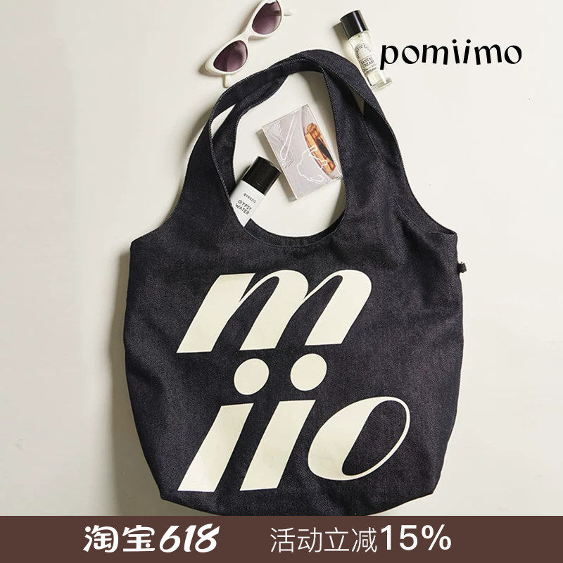 Pomiimo 两面图案不掉色牛仔大容量通勤上学百搭轻便单肩女托特包