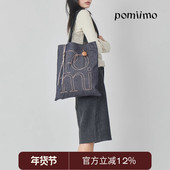 Pomiimo 竖版 双面图案AIO大容量百搭旅行通勤字母单肩牛仔帆布包