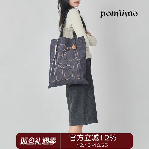 Pomiimo 竖版双面图案AIO大容量百搭旅行通勤字母单肩牛仔帆布包