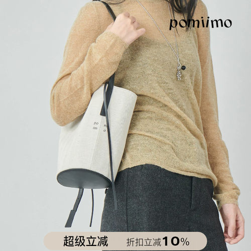 Pomiimo 亚麻棉牛皮气质百搭水桶包单肩手提可斜挎通勤简约女包