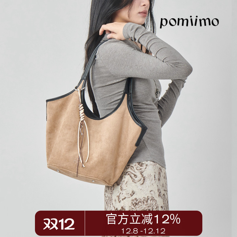 Pomiimo 头层牛皮麂皮绒通勤简约单肩包菜篮子包手提包水桶包女包
