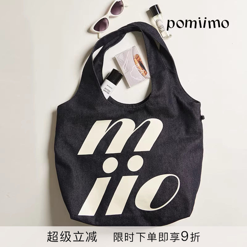 Pomiimo 两面图案不掉色牛仔大容量通勤上学百搭轻便单肩女托特包