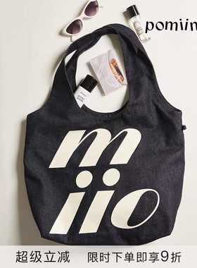 Pomiimo 两面图案不掉色牛仔大容量通勤上学百搭轻便单肩女托特包