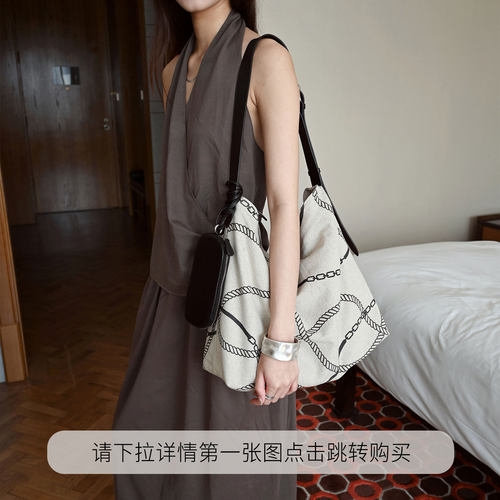 请移至新店sotender亚麻头层皮绳索图腾设计通勤单肩托特包hobo包