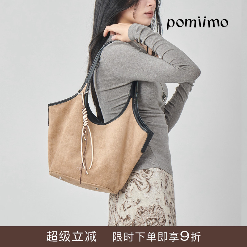 Pomiimo 头层牛皮麂皮绒通勤简约单肩包菜篮子包手提包水桶包女包