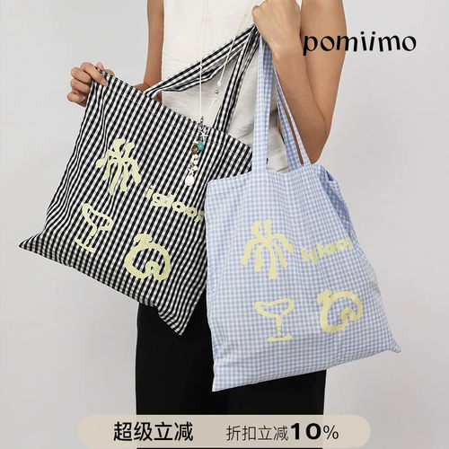 Pomiimo 特别印花系列海边度假可爱图案格子帆布包单肩包