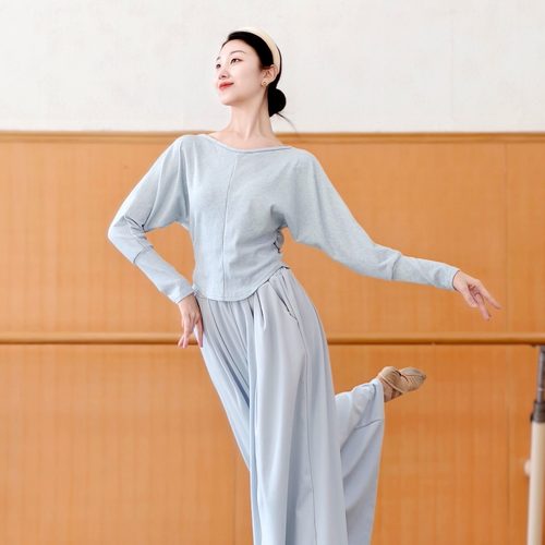 现代舞春秋蝙蝠袖上衣一字领收腰显瘦练功服中国古典舞瑜伽日常穿