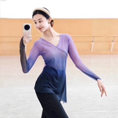 古典舞渐变纱衣身韵练功服中国舞蹈女上衣飘逸艺考班服基训民族舞