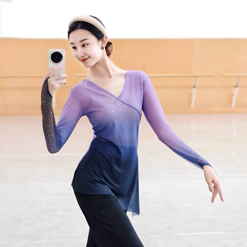 古典舞渐变纱衣身韵练功服中国舞蹈女上衣飘逸艺考班服基训民族舞