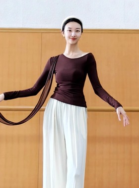 现代舞蹈服古典中国舞练功服秋冬斜肩飘带上衣形体训练服瑜伽拉丁
