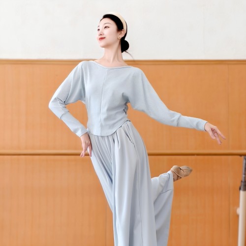 现代舞春秋蝙蝠袖上衣一字领收腰显瘦练功服中国古典舞瑜伽日常穿