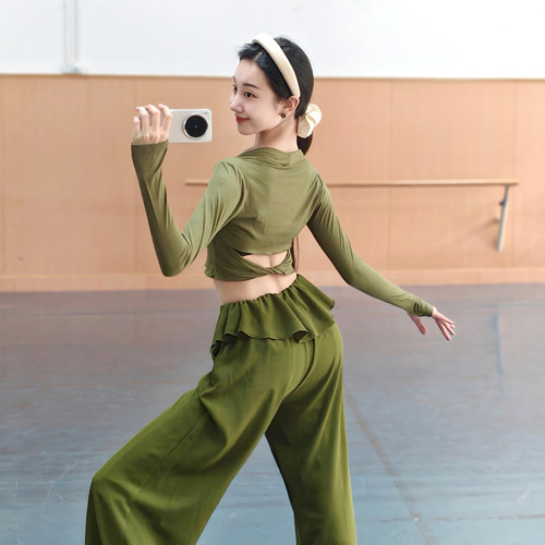 现代舞秋冬舞蹈练功服背肩瑜伽上衣古典舞长袖芭蕾形体服日常可穿