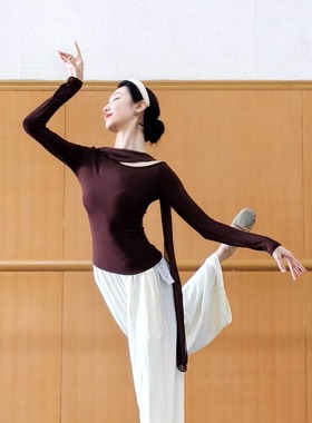 现代舞秋冬舞蹈练功服斜肩瑜伽上衣古典舞长袖芭蕾形体服日常可穿