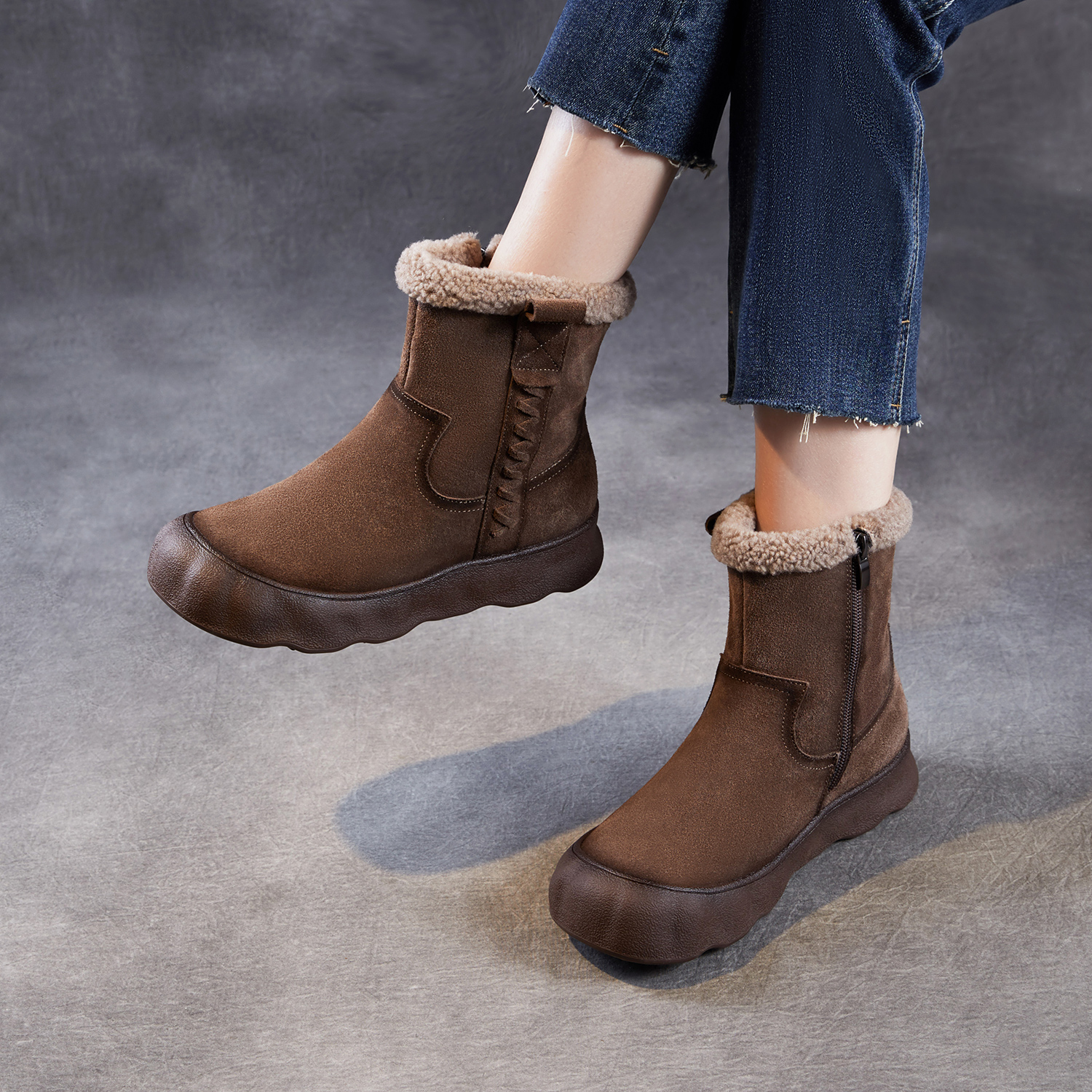 牛皮雪地靴冬季加绒保暖短靴厚底