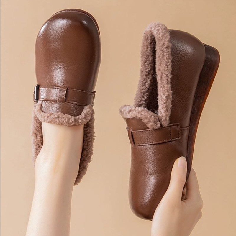 加绒豆豆鞋女冬季真皮平底妈妈鞋软底舒适保暖棉鞋毛毛鞋休闲皮鞋,女鞋,深口单鞋,淘宝优惠券,粉丝福利购,淘宝优惠卷