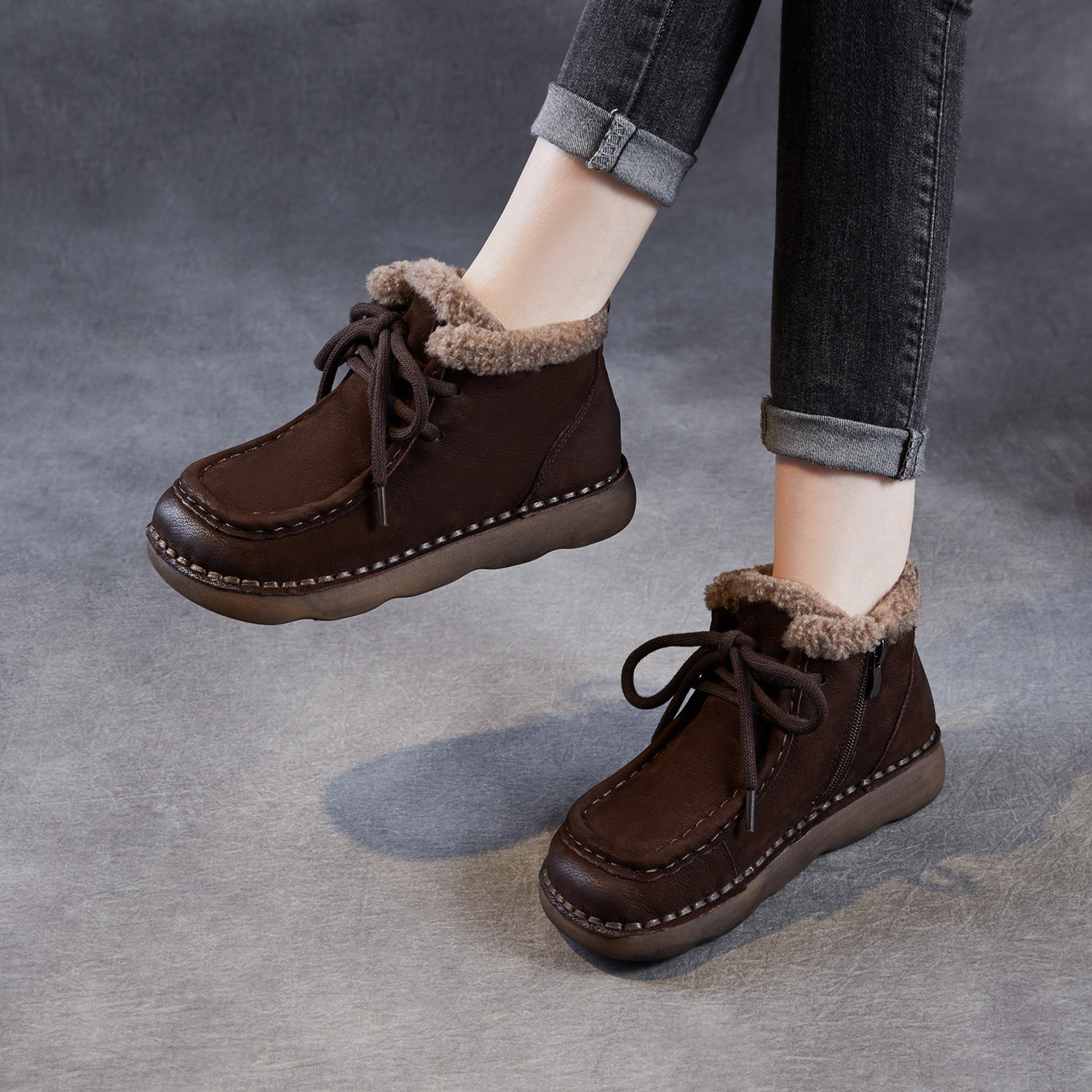 真皮雪地靴女冬季加绒保暖短靴东北棉鞋棕色加厚毛毛鞋妈妈棉靴子,女鞋,时尚雪地靴,淘宝优惠券,粉丝福利购,淘宝优惠卷