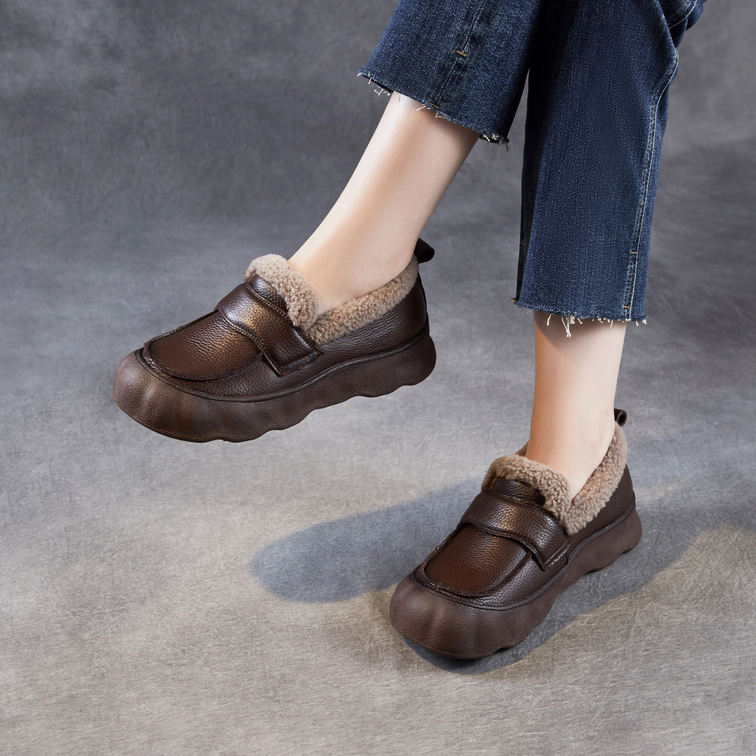 头层牛皮妈妈棉鞋真皮加绒百搭