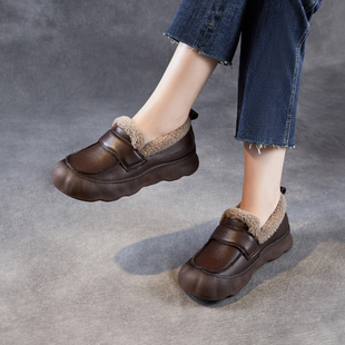 超软妈妈鞋乐福鞋棉鞋真皮加绒舒适不累脚厚底棕色中老年皮鞋冬季