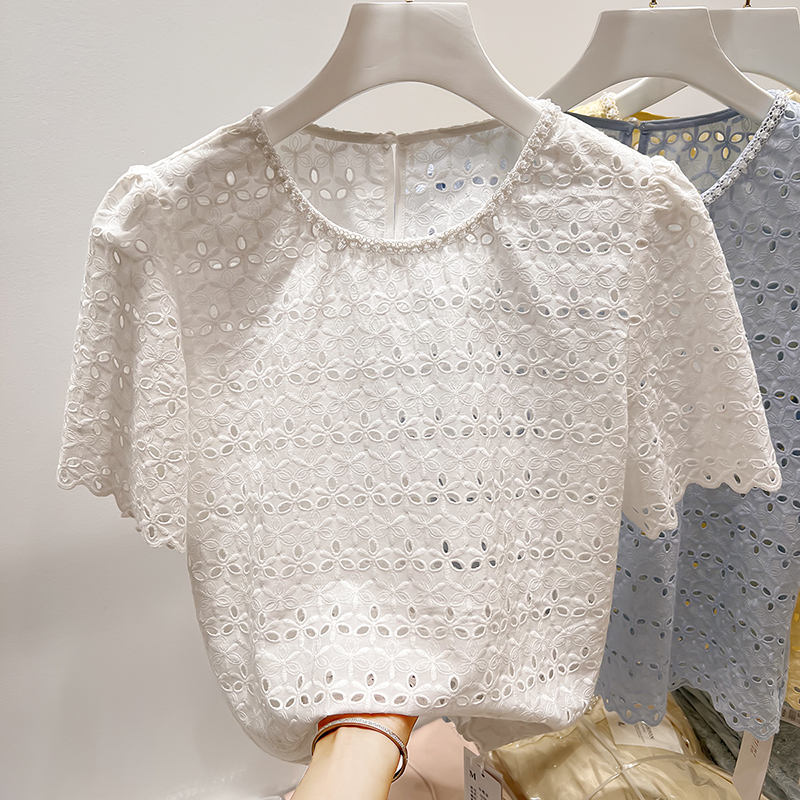 2025新款韩国气质圆领钉珠镂空纯色套头短袖蕾丝上衣女夏季薄款