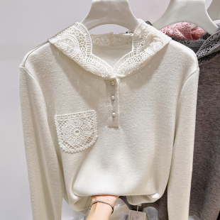上衣女秋 气质显瘦钩花连帽口袋加厚磨毛绒纯色长袖 2025新款 法式