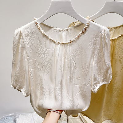 2025新款韩国复古圆领钉珠印花短袖套头短袖雪纺上衣女夏季