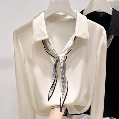 2025新款法式气质显瘦翻领送丝巾纯色套头长袖雪纺衬衫女秋季
