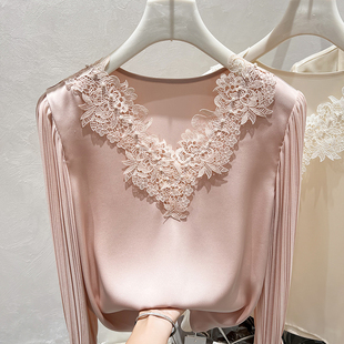 2025新款 雪纺上衣女秋 韩国气质显瘦V领刺绣钩花钉珠纯色套头长袖