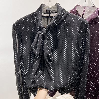 2025新款法式复古立领系带小波点单排扣长袖雪纺衬衫女秋季